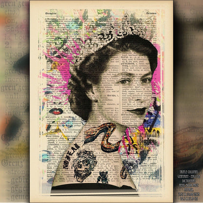 Queen Elizabeth II Snake Tattoo Art Poster on Vintage Dictionary Page - ArtCursor