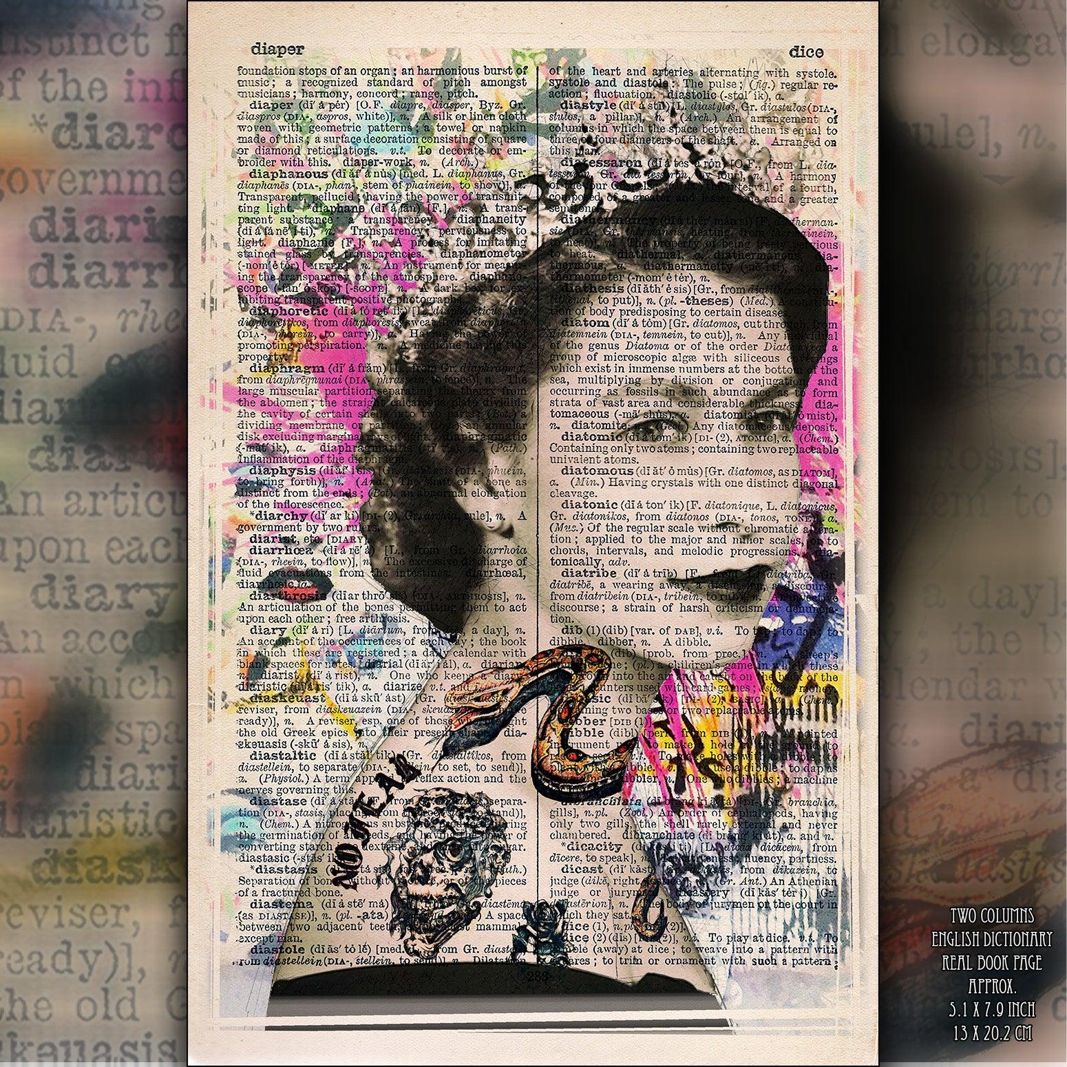 Queen Elizabeth II Snake Tattoo Art Poster on Vintage Dictionary Page - ArtCursor