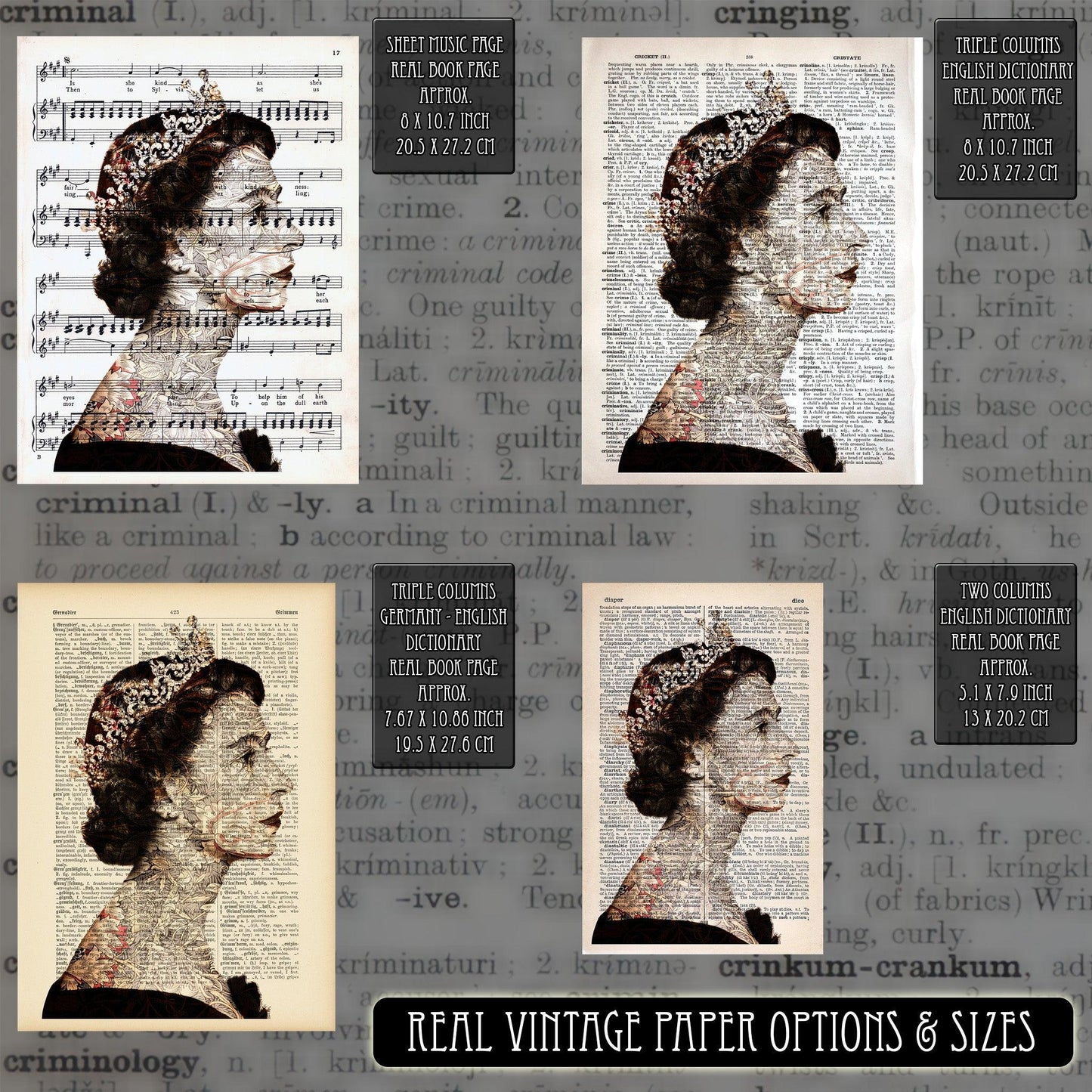 Queen Elizabeth II Flowers Pattern 3 Art on Vintage Dictionary Page - ArtCursor