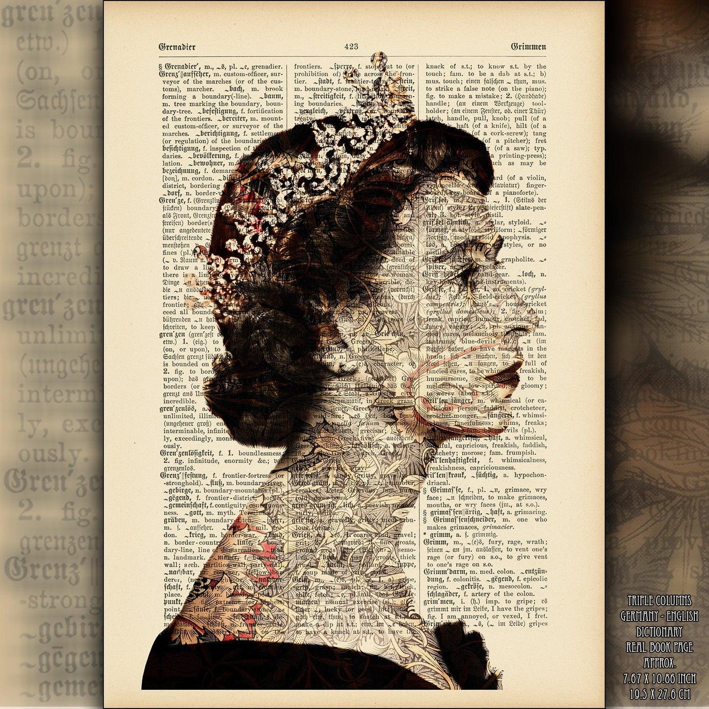 Queen Elizabeth II Flowers Pattern 3 Art on Vintage Dictionary Page - ArtCursor