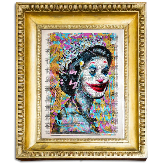 Queen Elizabeth II Like a Joker Art Poster on Vintage Dictionary Page - ArtCursor
