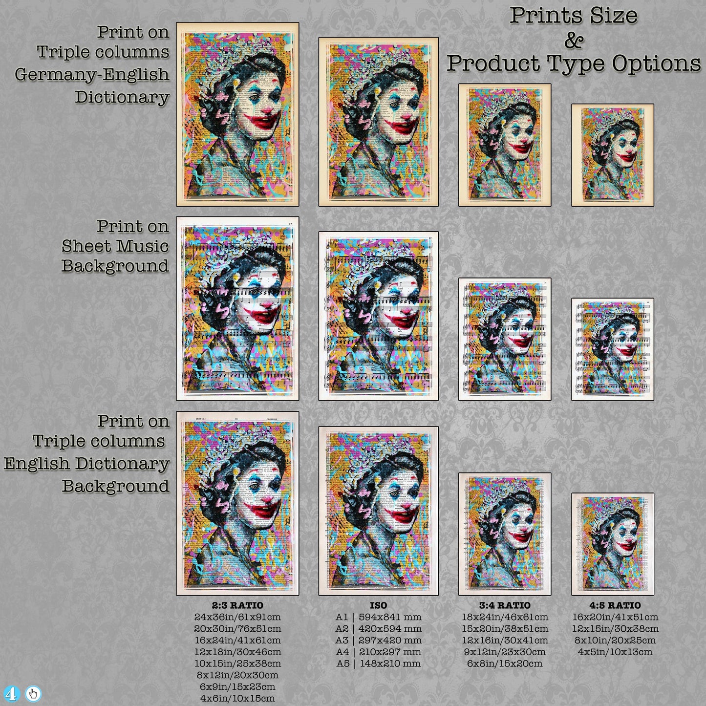 Queen Elizabeth II Like a Joker Art Poster on Vintage Dictionary Page - ArtCursor