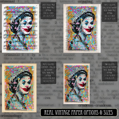 Queen Elizabeth II Like a Joker Art Poster on Vintage Dictionary Page - ArtCursor