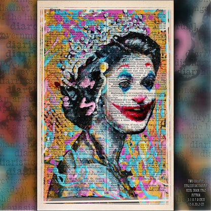 Queen Elizabeth II Like a Joker Art Poster on Vintage Dictionary Page - ArtCursor