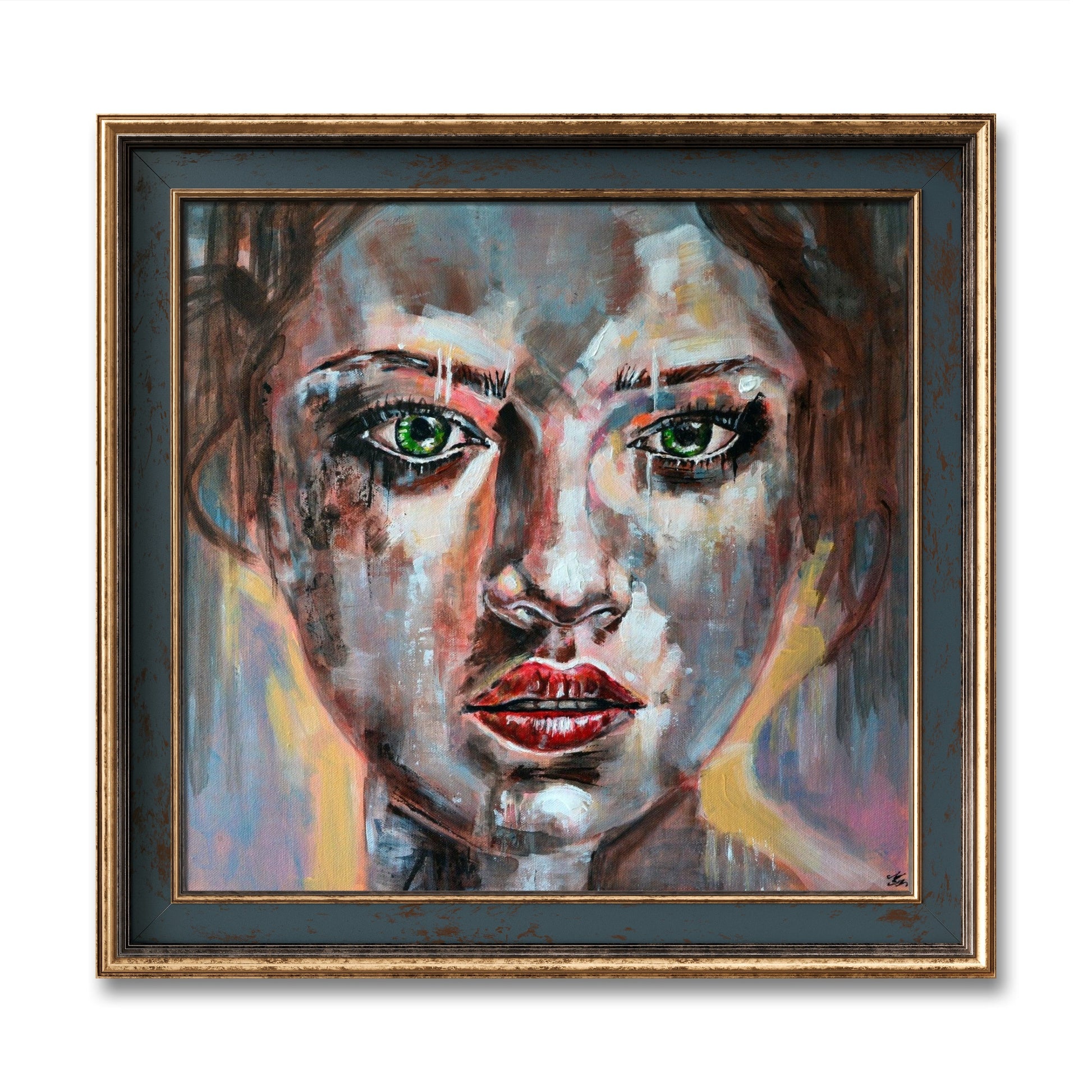Vibrant abstract portrait of a woman on canvas, titled 'Shining,' by artist Misty Lady.