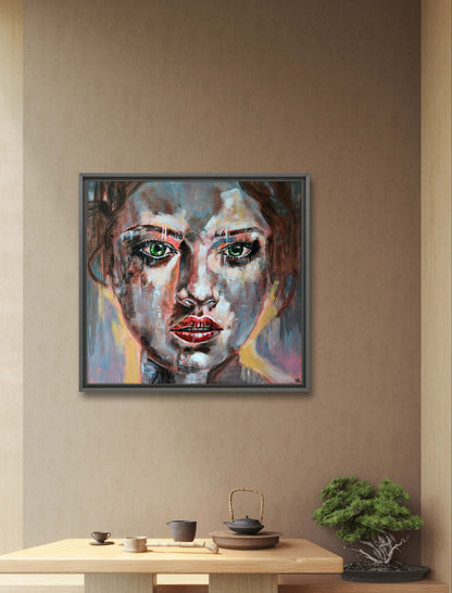Emotional and colorful acrylic painting 'Shining,' an abstract portrait of a woman by Misty Lady.