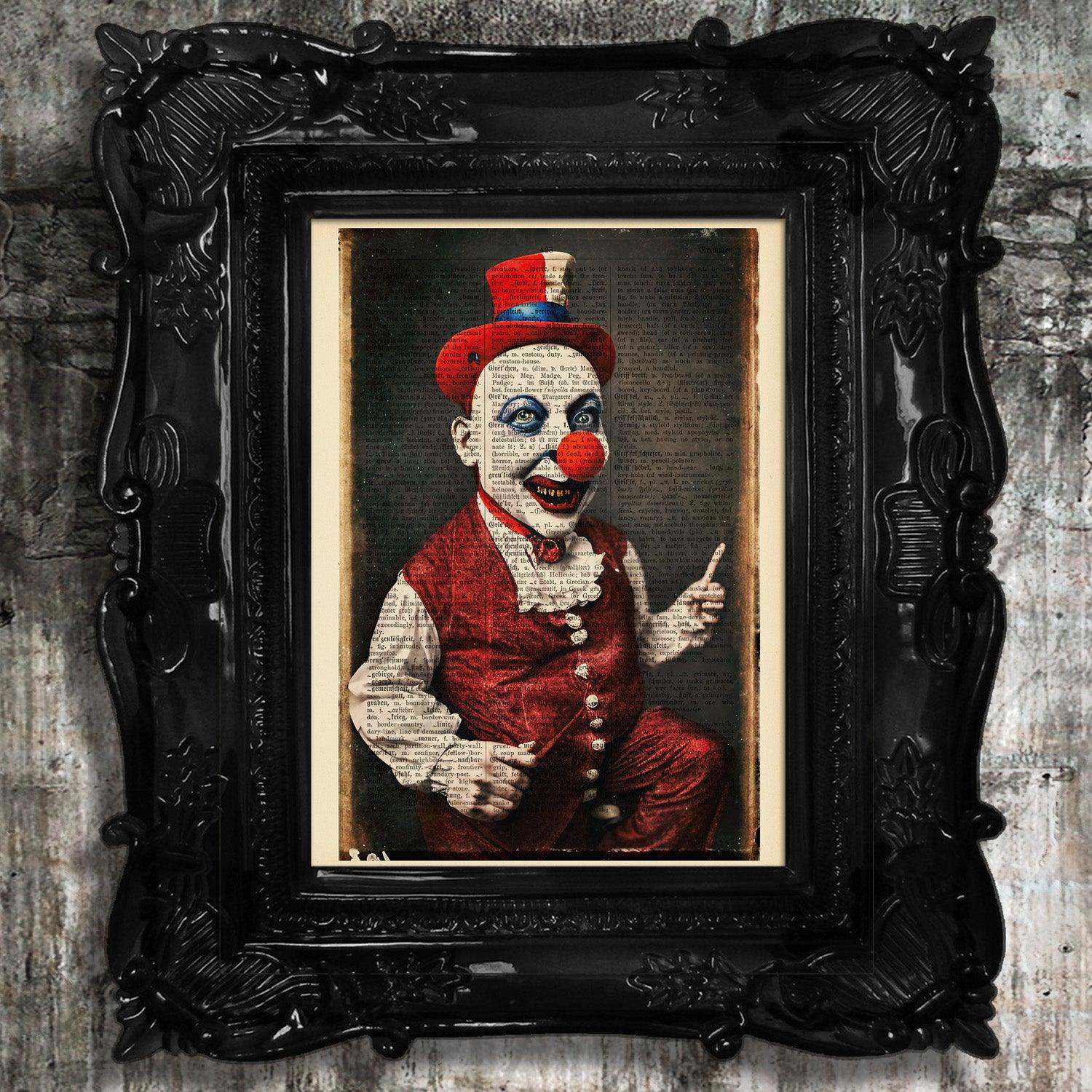 Unsettling Clown - Victorian Gothic Art on Vintage Dictionary Page - ArtCursor