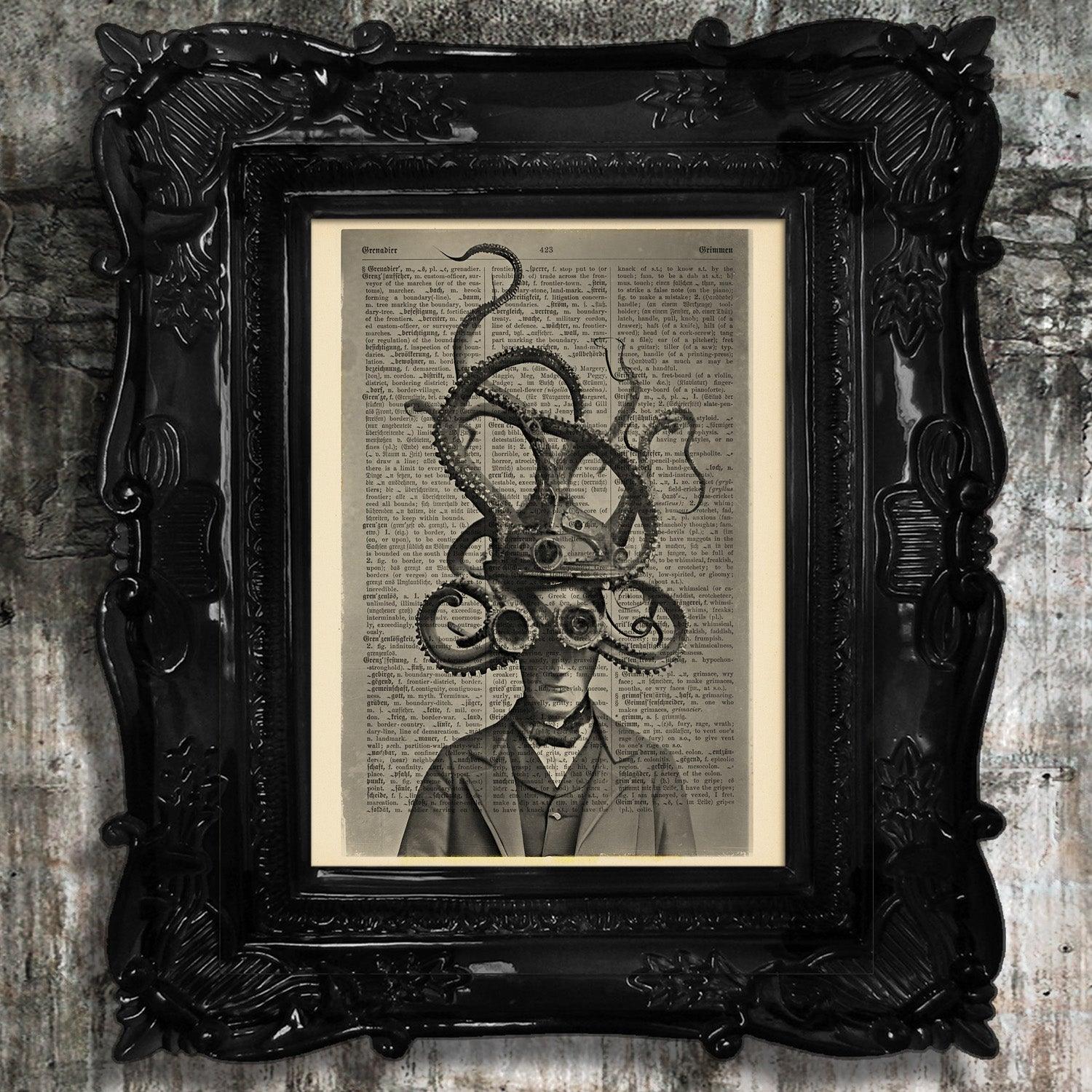 The Dreaded Octo-Men - Victorian Gothic Art on Vintage Dictionary Page - ArtCursor