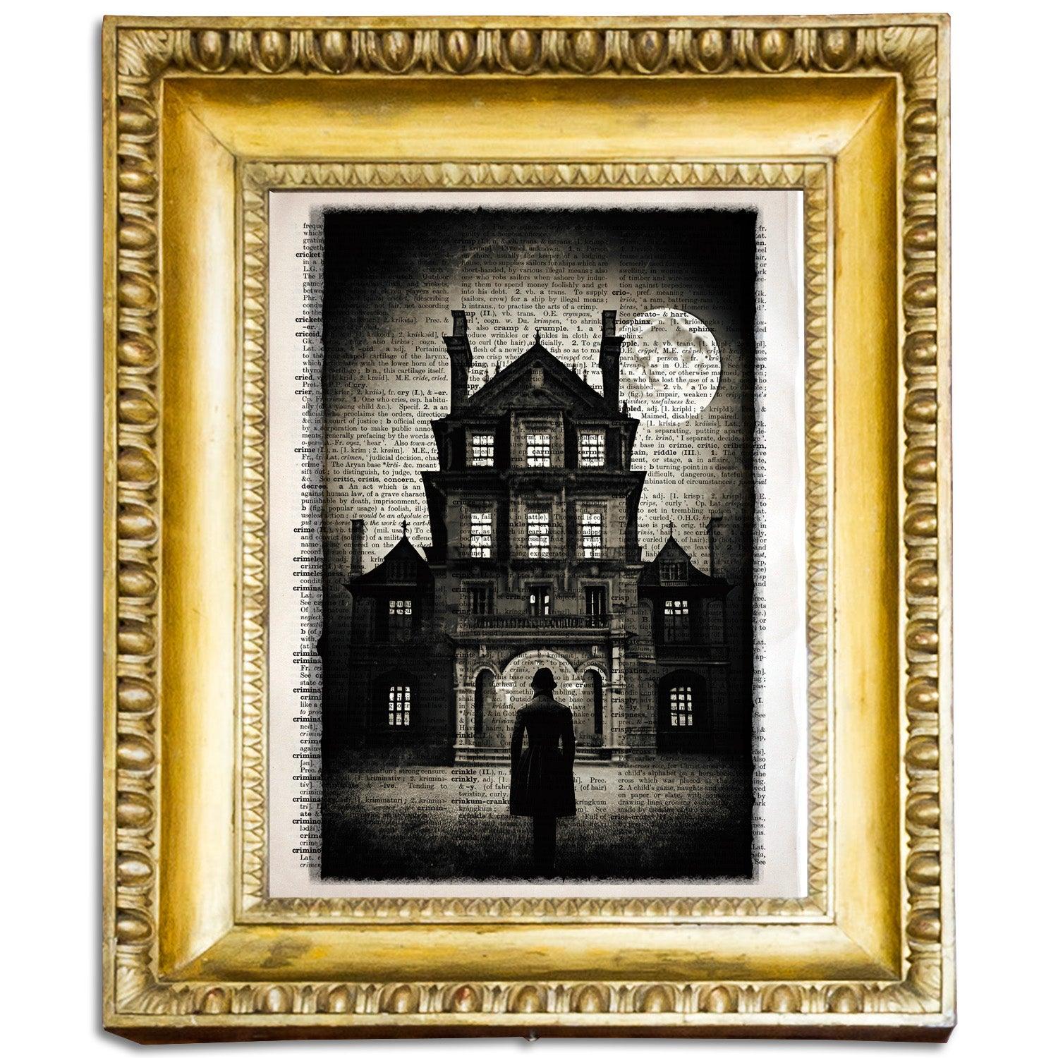 Mysterious Mansion - Victorian Gothic Art on Vintage Dictionary Page - ArtCursor