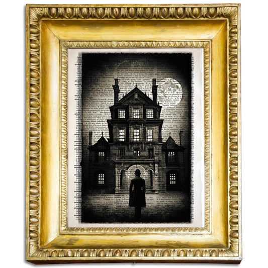 Mysterious Mansion - Victorian Gothic Art on Vintage Dictionary Page - ArtCursor