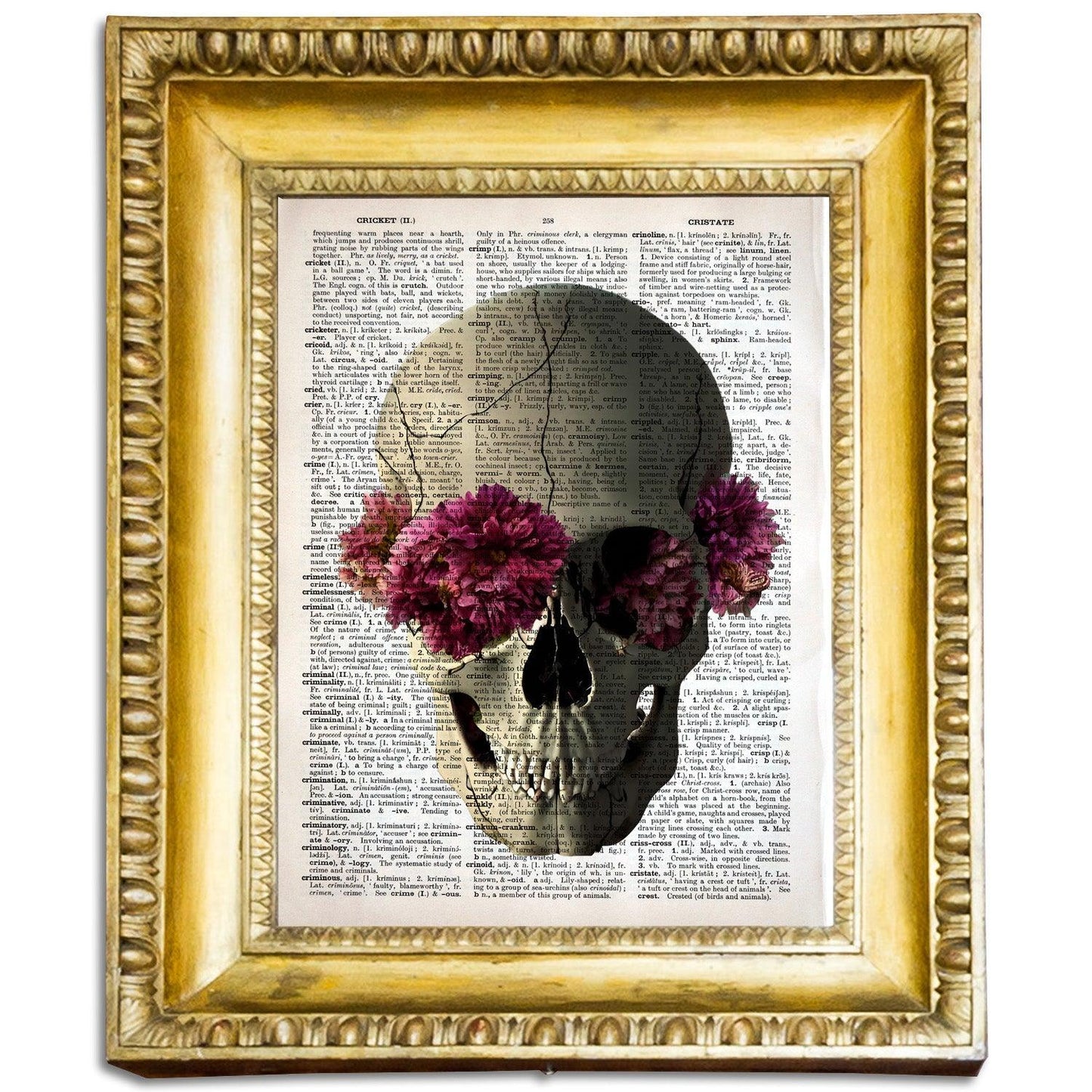 Skull Flowers Fever - Victorian Gothic Art on Vintage Dictionary Page - ArtCursor