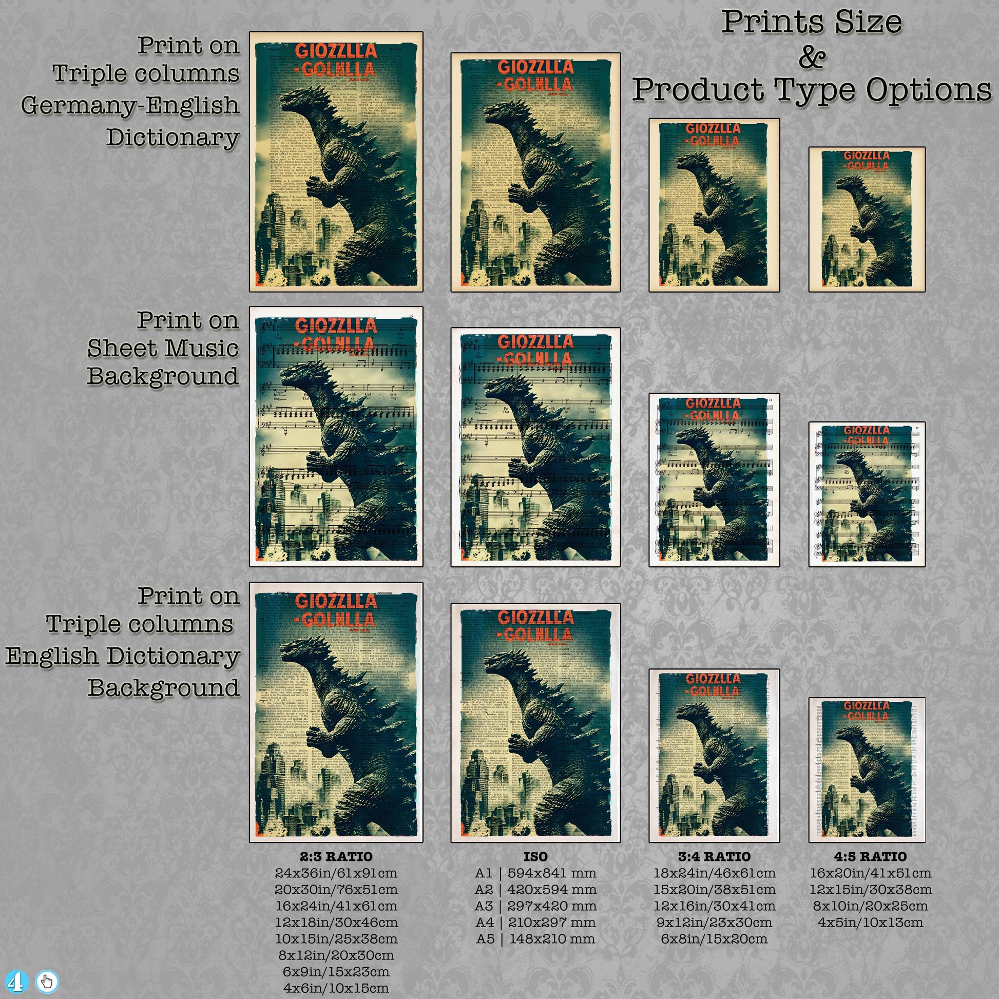 Giozzlla - Retro Movie Poster Art on Vintage Dictionary Page - ArtCursor