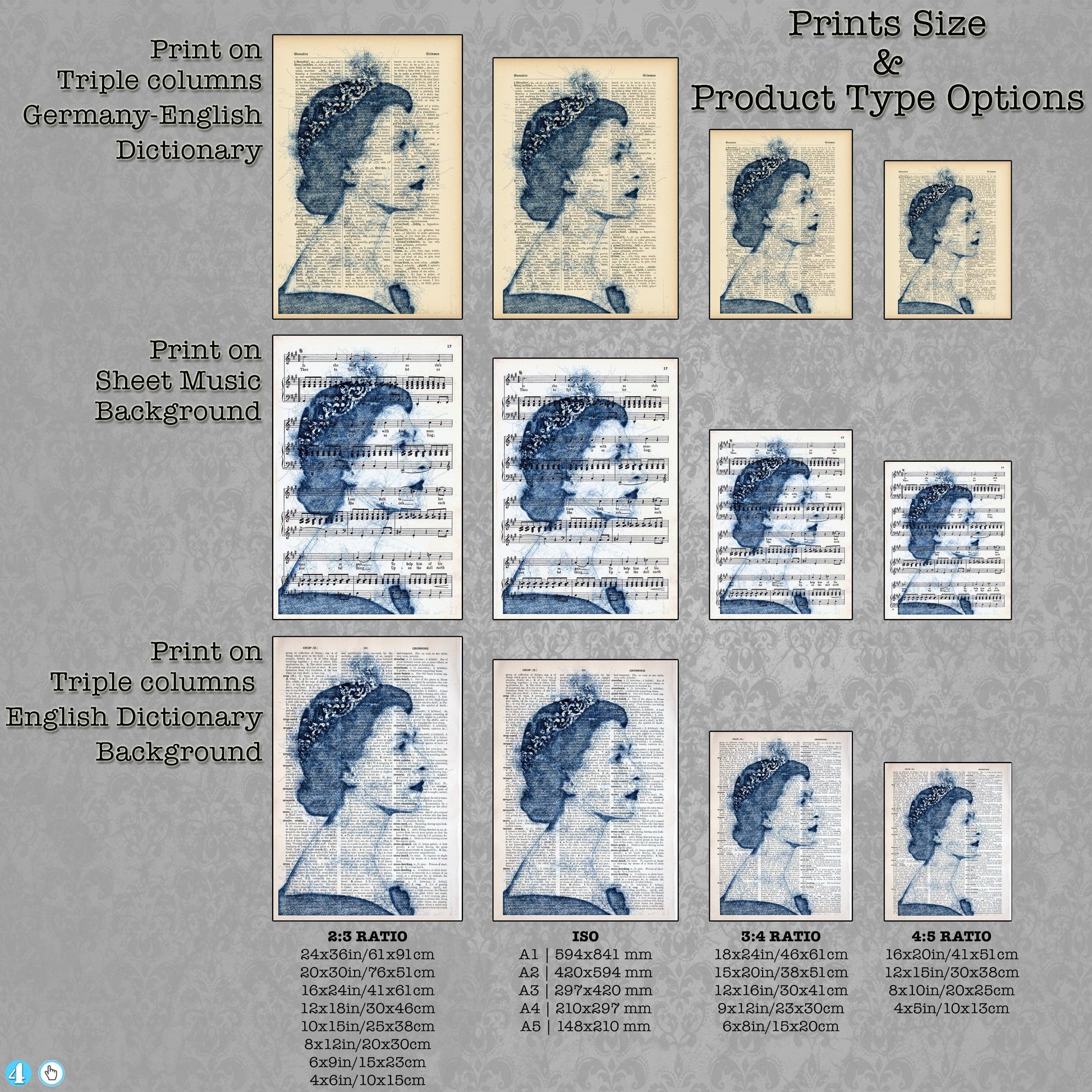 Queen Elizabeth II Blue Pen 1 Art Poster on Vintage Dictionary Page - ArtCursor