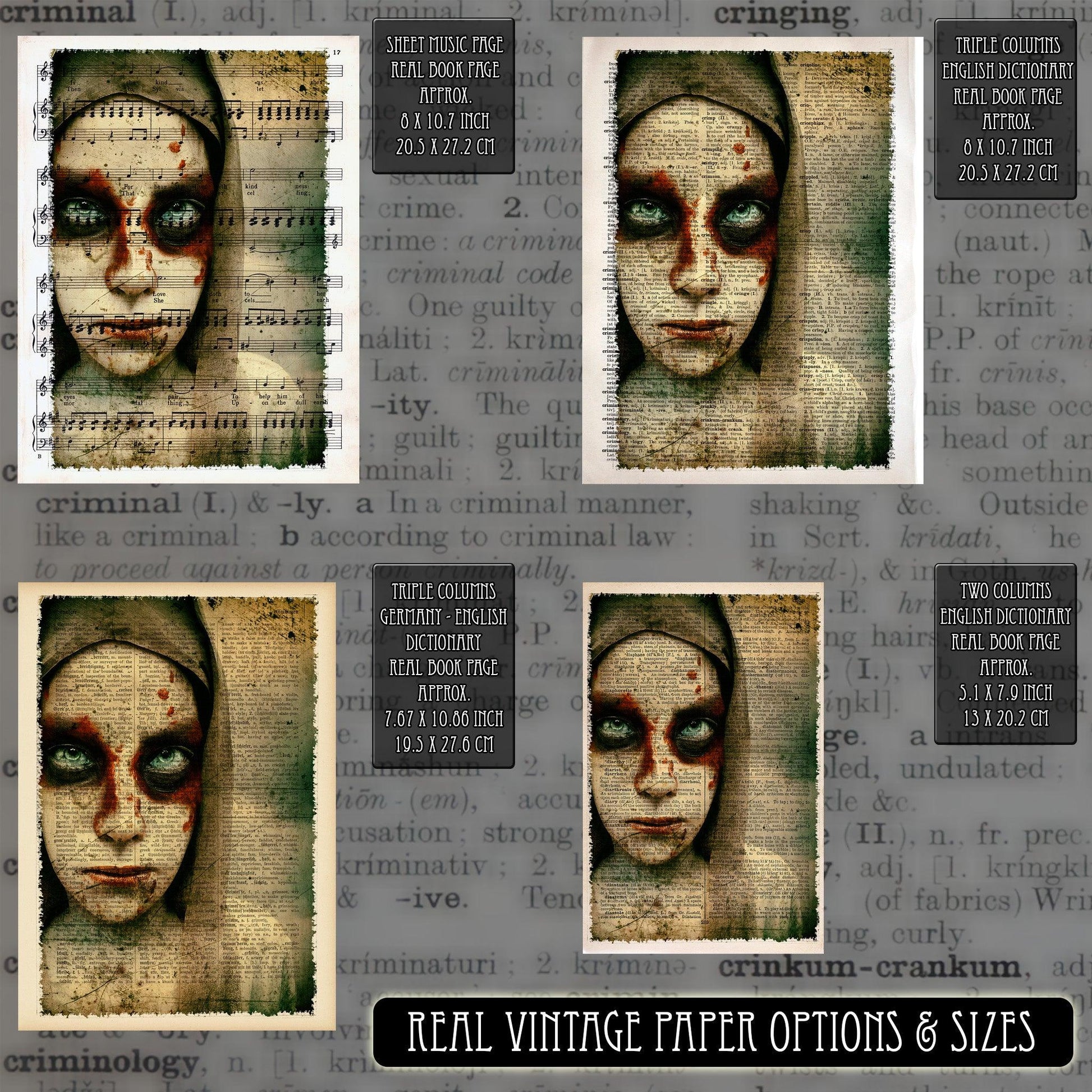 Bloody Nun - Victorian Gothic Art on Vintage Dictionary Page - ArtCursor