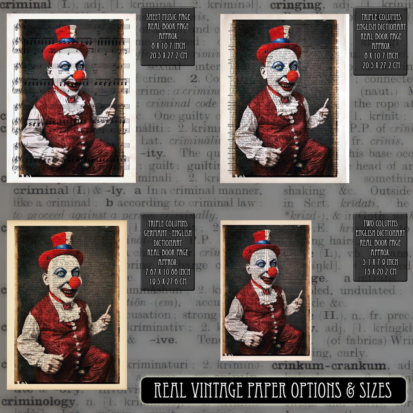 Unsettling Clown - Victorian Gothic Art on Vintage Dictionary Page - ArtCursor