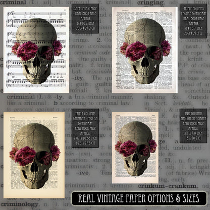 Skull Flowers Fever - Victorian Gothic Art on Vintage Dictionary Page - ArtCursor