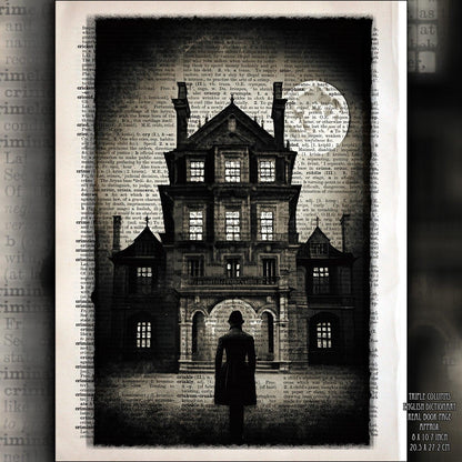 Mysterious Mansion - Victorian Gothic Art on Vintage Dictionary Page - ArtCursor