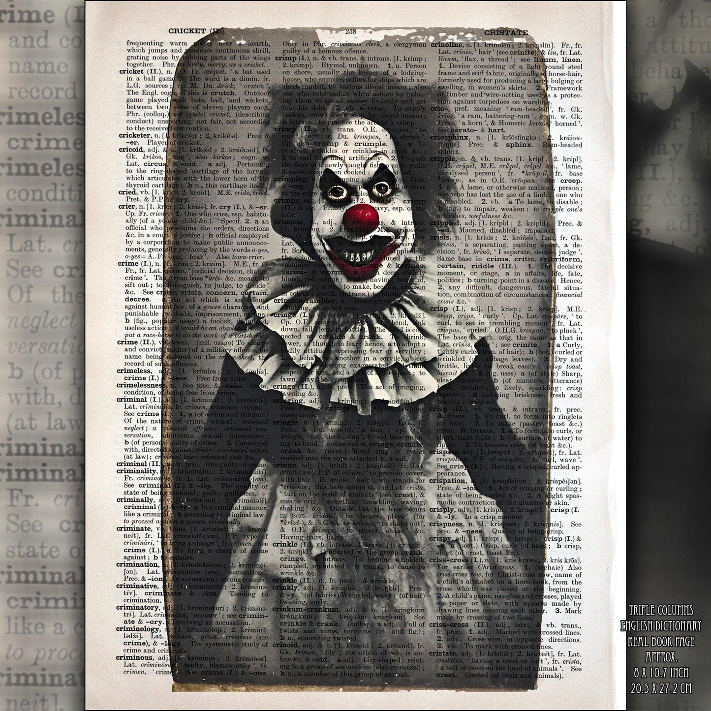 Spooky Clown - Victorian Gothic Art on Vintage Dictionary Page - ArtCursor