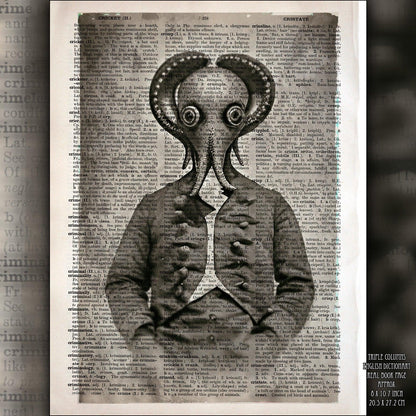 Squid Aquaman - Victorian Gothic Art on Vintage Dictionary Page - ArtCursor