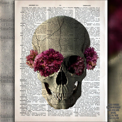 Skull Flowers Fever - Victorian Gothic Art on Vintage Dictionary Page - ArtCursor