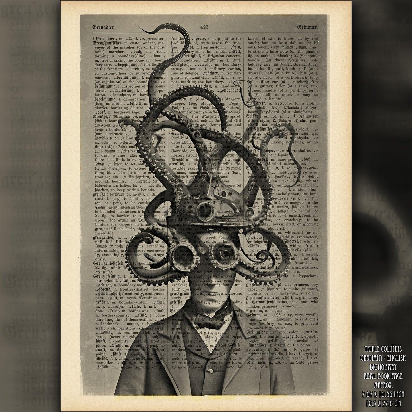 The Dreaded Octo-Men - Victorian Gothic Art on Vintage Dictionary Page - ArtCursor