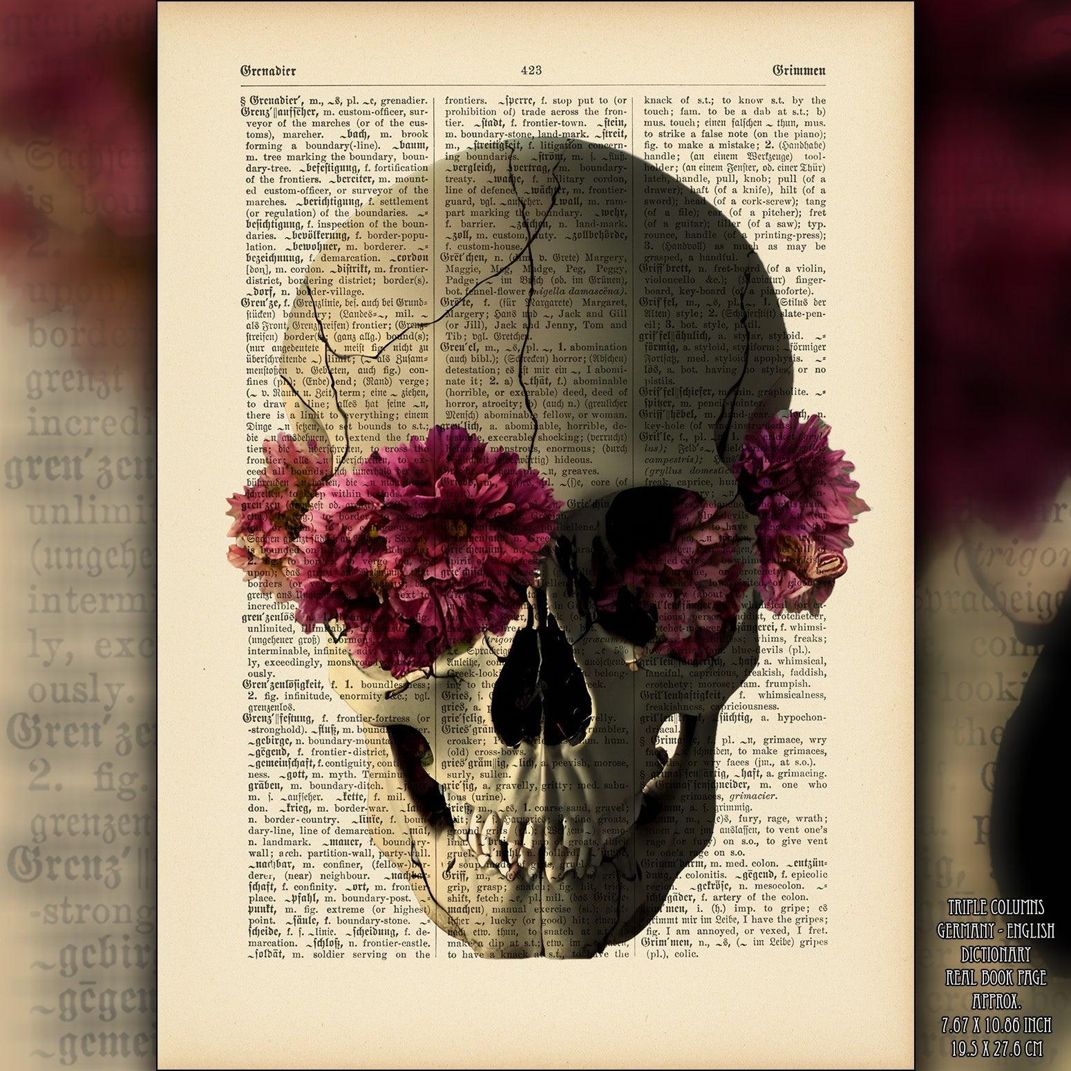 Skull Flowers Fever - Victorian Gothic Art on Vintage Dictionary Page - ArtCursor