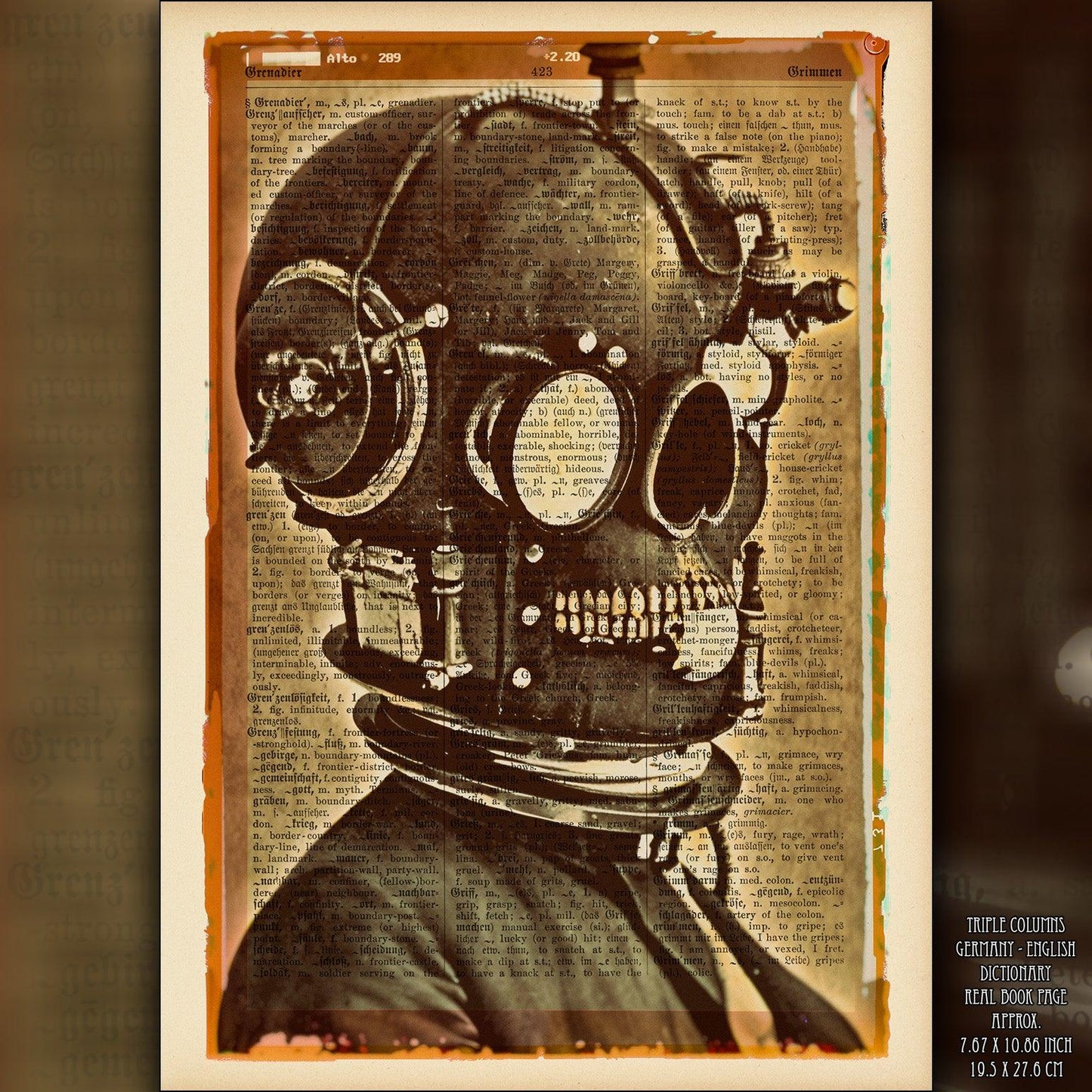 Mechanical Skull - Victorian Gothic Art on Vintage Dictionary Page - ArtCursor