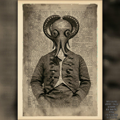 Squid Aquaman - Victorian Gothic Art on Vintage Dictionary Page - ArtCursor