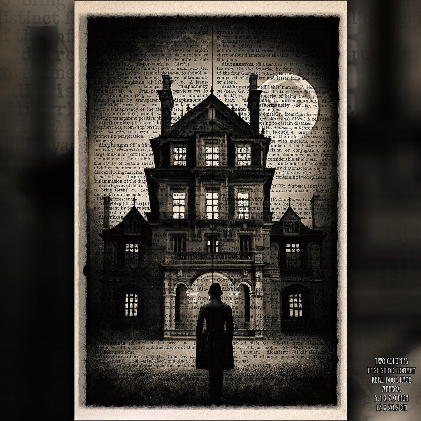 Mysterious Mansion - Victorian Gothic Art on Vintage Dictionary Page - ArtCursor