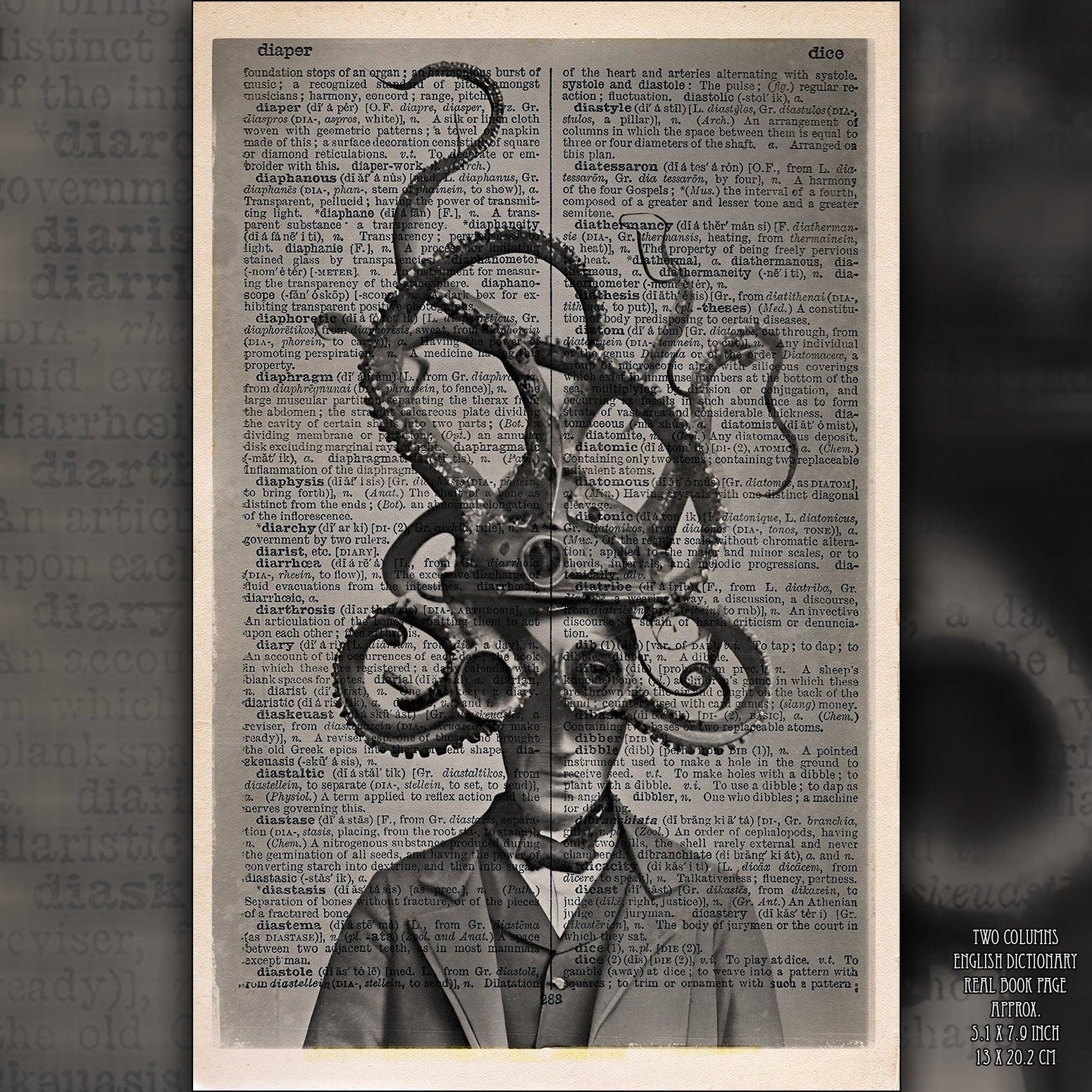 The Dreaded Octo-Men - Victorian Gothic Art on Vintage Dictionary Page - ArtCursor