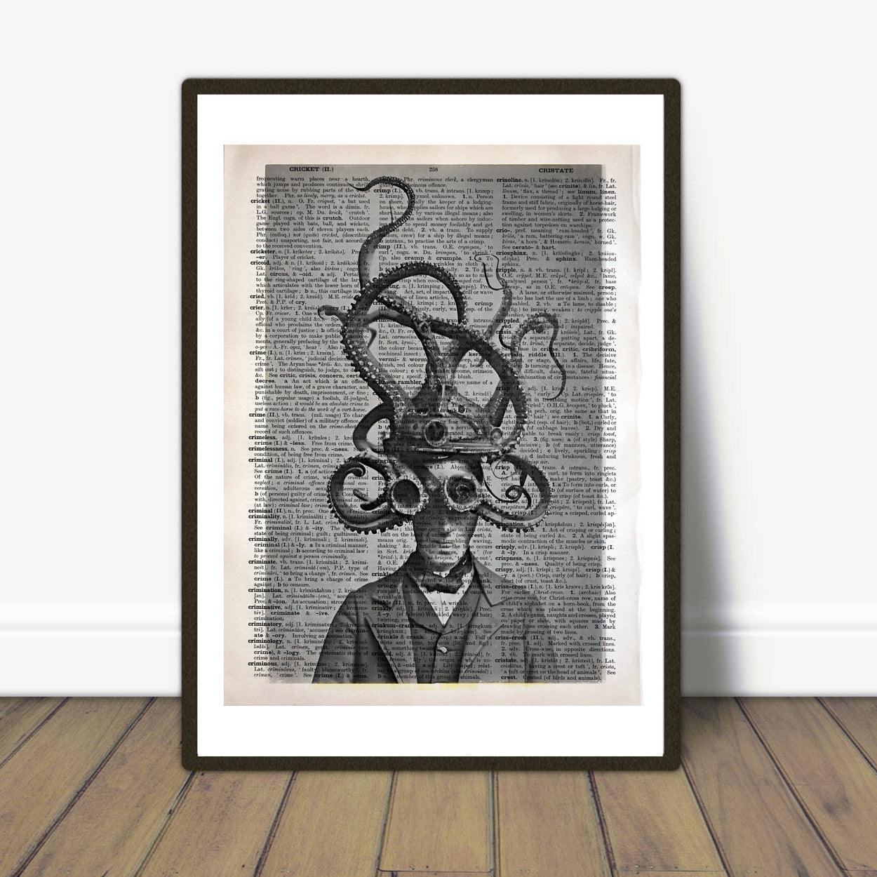 The Dreaded Octo-Men - Victorian Gothic Art on Vintage Dictionary Page - ArtCursor