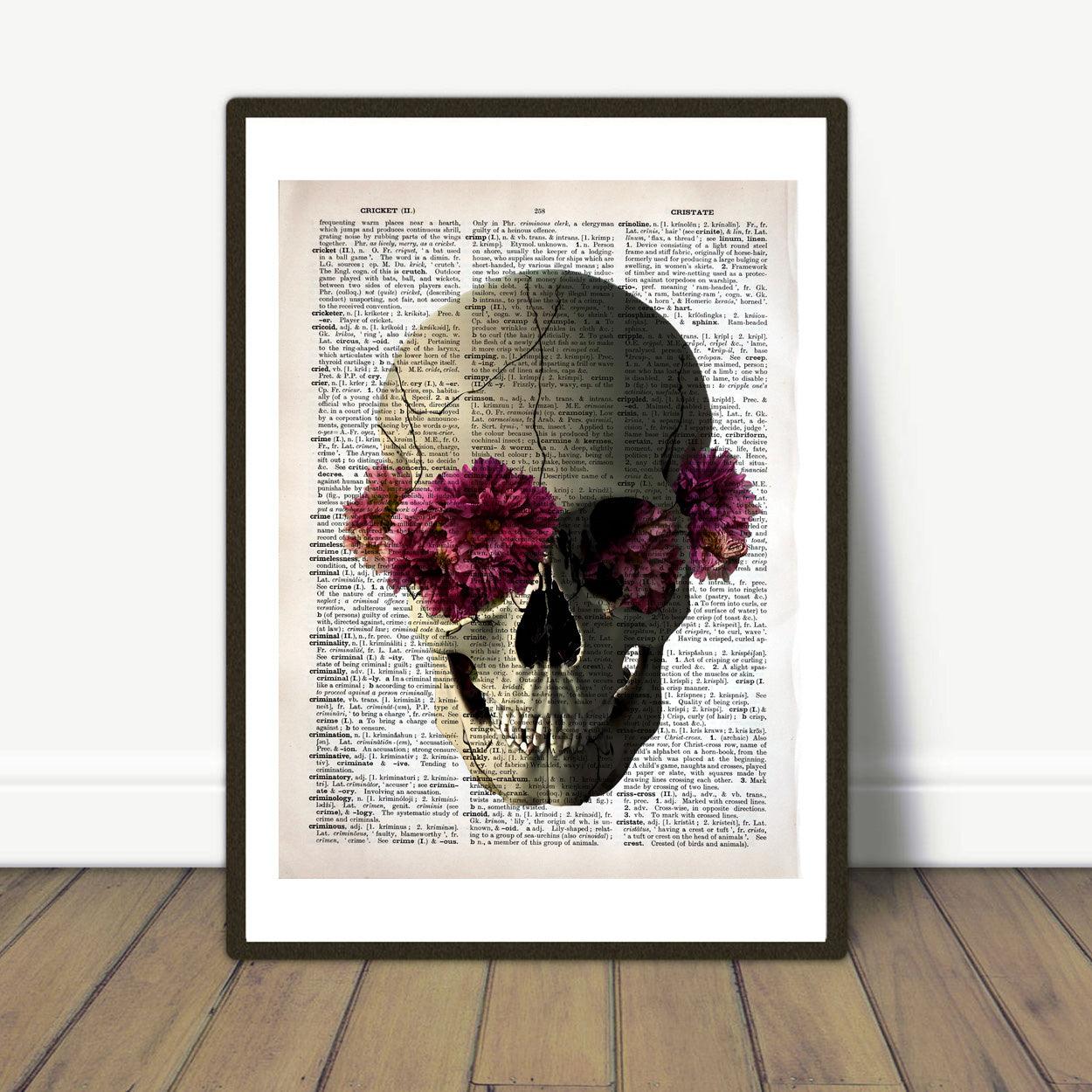 Skull Flowers Fever - Victorian Gothic Art on Vintage Dictionary Page - ArtCursor