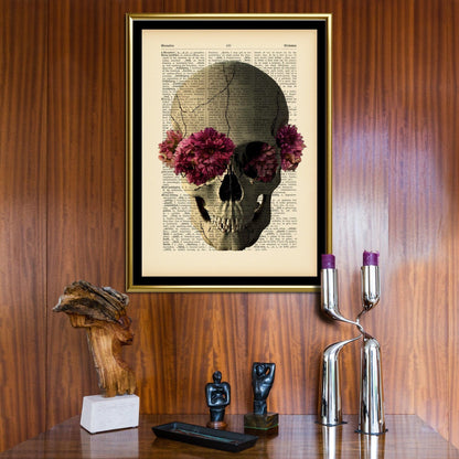 Skull Flowers Fever - Victorian Gothic Art on Vintage Dictionary Page - ArtCursor