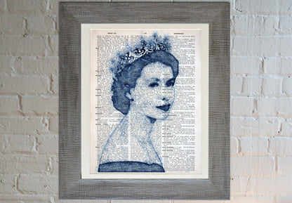 Queen Elizabeth II Blue Pen 2 Art Poster on Vintage Dictionary Page - ArtCursor