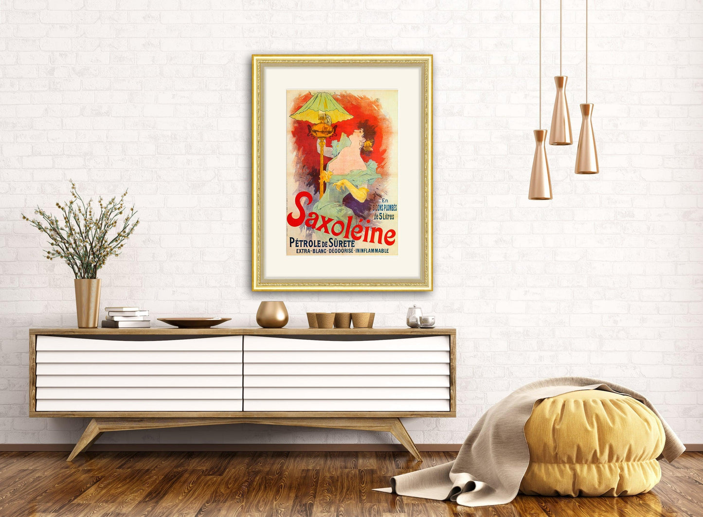 Give your home decor a touch of elegance through our exquisite Saxoléine Pétrole de sureté reproduction poster. The artwork is a collage with the advertising poster for a safety lamp fuel design by Jules Chéret (French graphic designer, 1836-1932). Year of created 1892.