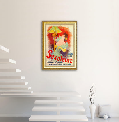 Give your home decor a touch of elegance through our exquisite Saxoléine Pétrole de sureté reproduction poster. The artwork is a collage with the advertising poster for a safety lamp fuel design by Jules Chéret (French graphic designer, 1836-1932). Year of created 1892.