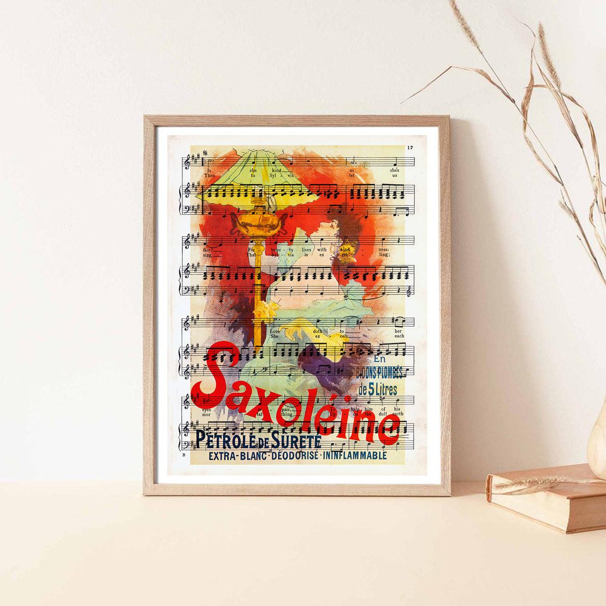 Give your home decor a touch of elegance through our exquisite Saxoléine Pétrole de sureté reproduction poster. The artwork is a collage with the advertising poster for a safety lamp fuel design by Jules Chéret (French graphic designer, 1836-1932). Year of created 1892.