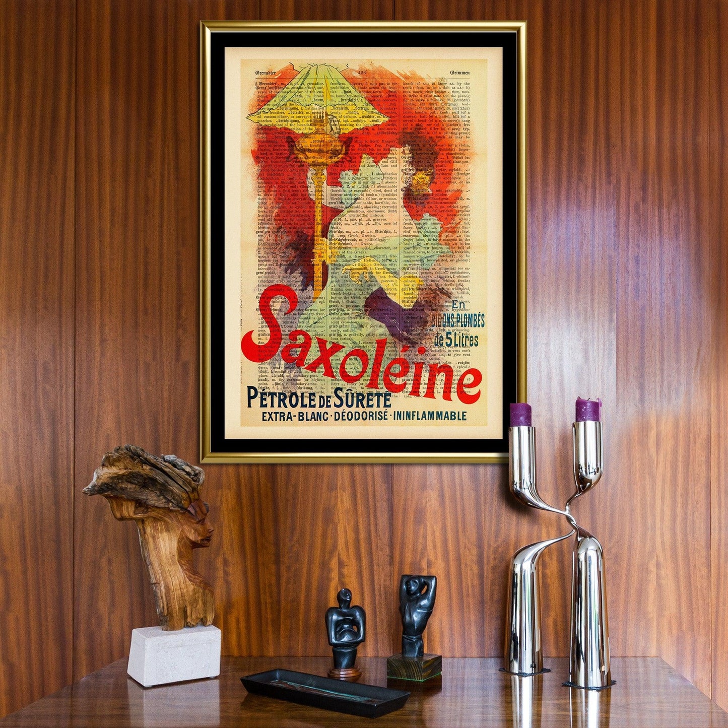 Give your home decor a touch of elegance through our exquisite Saxoléine Pétrole de sureté reproduction poster. The artwork is a collage with the advertising poster for a safety lamp fuel design by Jules Chéret (French graphic designer, 1836-1932). Year of created 1892.