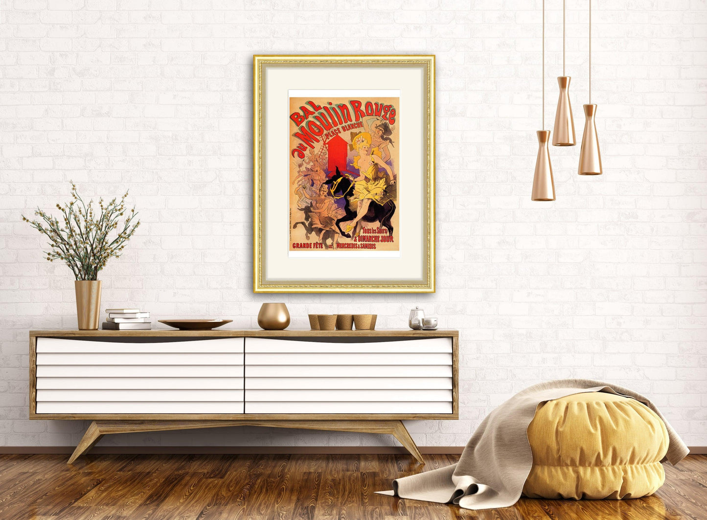 Give your home decor a touch of elegance through our exquisite Bal au Moulin Rouge reproduction poster. The artwork is a collage with the theatrical poster's design by Jules Chéret (French graphic designer, 1836-1932). Year of created 1889.