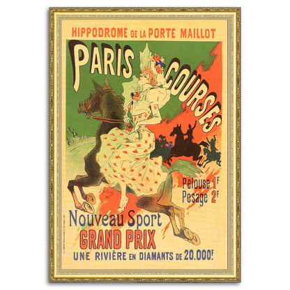 Give your home decor a touch of elegance through our exquisite Hippodrome de la Porte Maillot - Paris Courses reproduction poster. The artwork is a collage with a poster for Horses in art design by Jules Chéret (French graphic designer, 1836-1932). Year of created 1890.