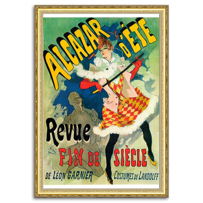 Give your home decor a touch of elegance through our exquisite Revue Fin de Siècle, Alcazar d'été reproduction poster. The artwork is a collage with a poster for Horses in art design by Jules Chéret (French graphic designer, 1836-1932). Year of created 1890.