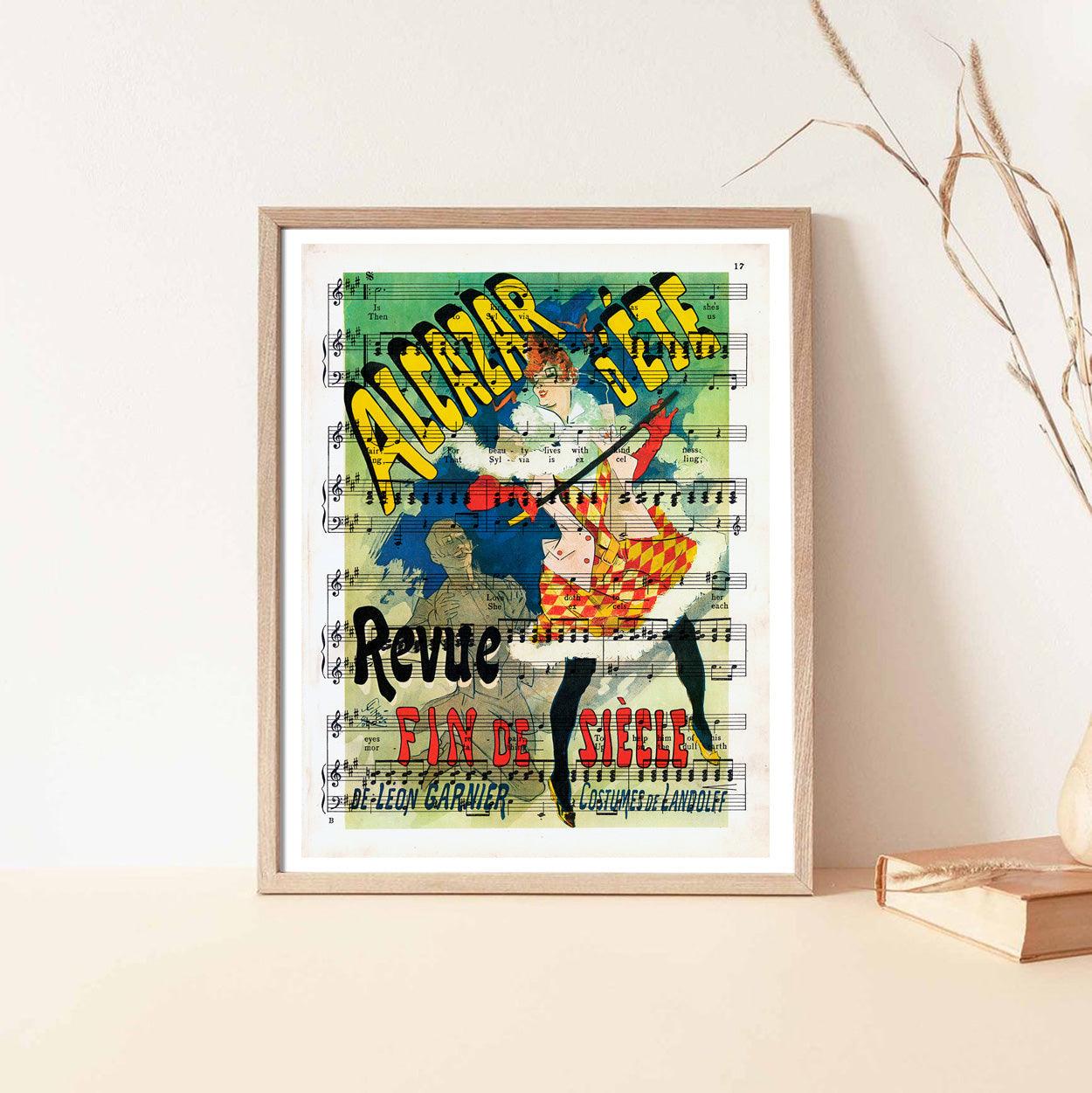 Give your home decor a touch of elegance through our exquisite Revue Fin de Siècle, Alcazar d'été reproduction poster. The artwork is a collage with a poster for Horses in art design by Jules Chéret (French graphic designer, 1836-1932). Year of created 1890.