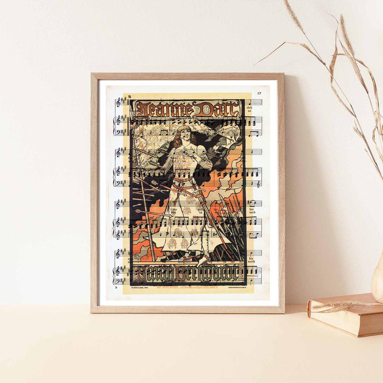 Give your home decor a touch of elegance through our exquisite Jeanne d'Arc reproduction poster. The artwork is a collage with the poster for the drama Joan of Arc starring Sarah Bernhardt, performed at the Théâtre de la Renaissance, Paris designed by Eugène Grasset (Swiss graphic designer, ca. 1841-1917). Year of created 1893.