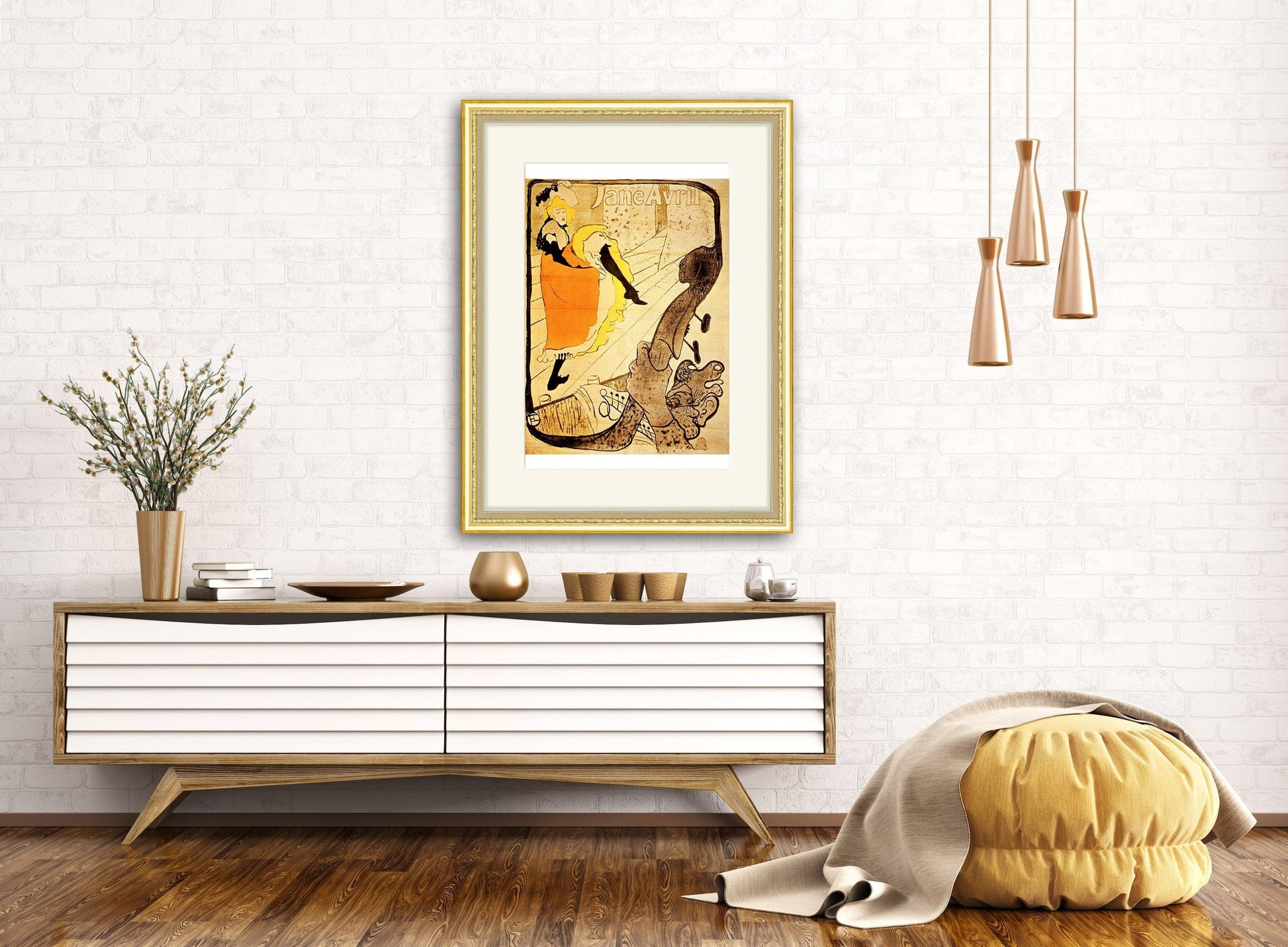 Give your home decor a touch of elegance through our exquisite Jane Avril reproduction poster. The artwork is a collage with the dancers in art design by Henri de Toulouse-Lautrec (French printmaker, 1864-1901). Year of created 1893.