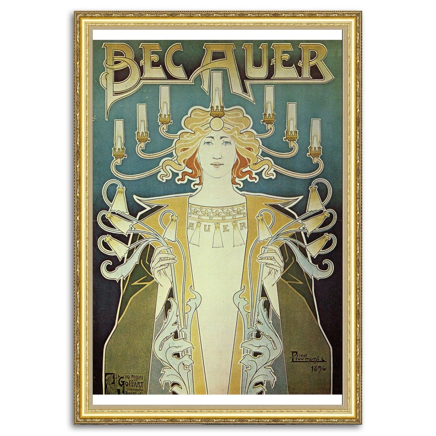 Give your home decor a touch of elegance through our exquisite Bec Auer reproduction poster. The artwork is a collage with the advertising poster for incandescent gas illumination design by Privat Livemont (Belgian graphic designer, 1861-1936). Year of created 1896.