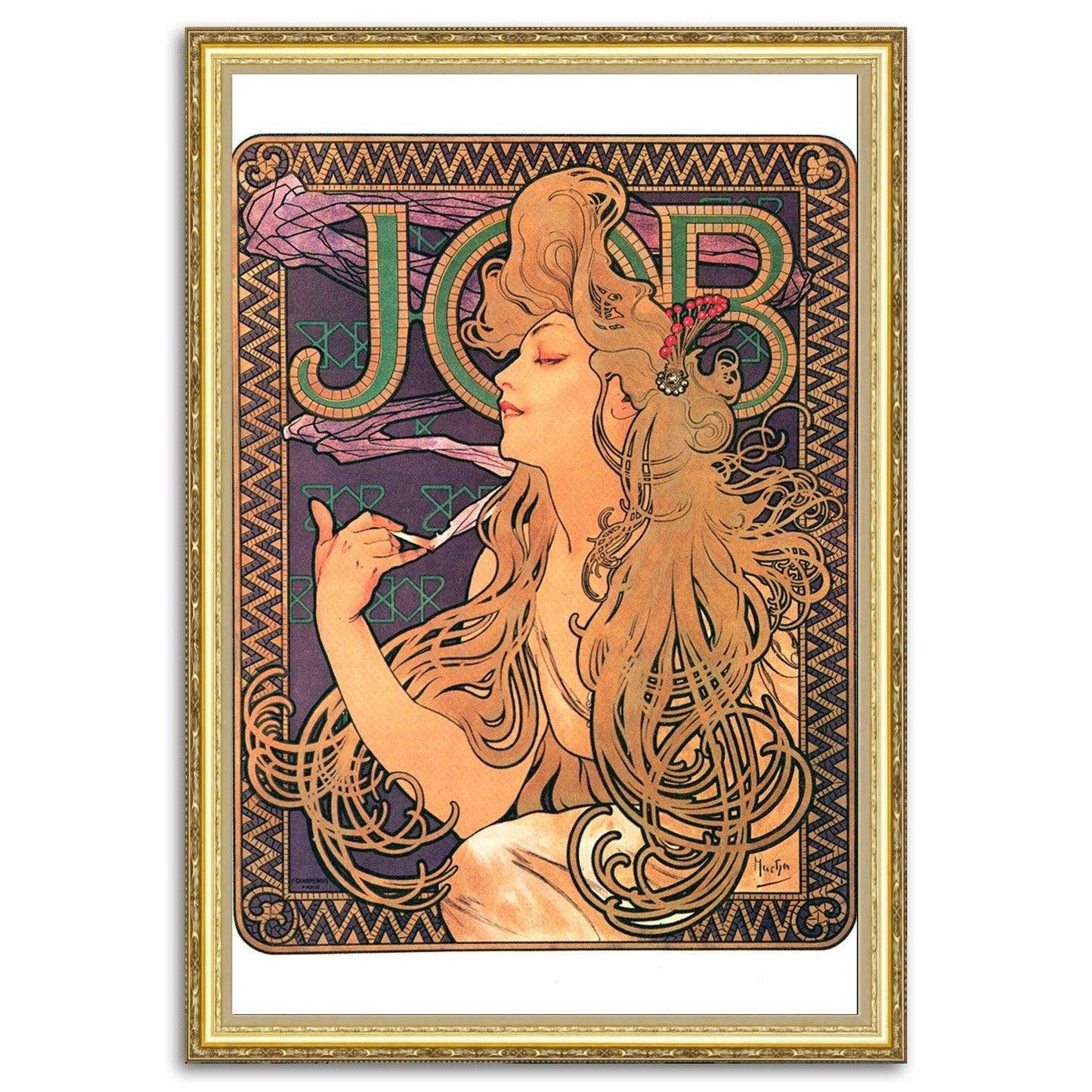 Give your home decor a touch of elegance through our exquisite Job reproduction poster. The artwork is a collage with the advertisements poster design by Alphonse Mucha (Czech graphic designer, 1860-1939). Year of created 1896.