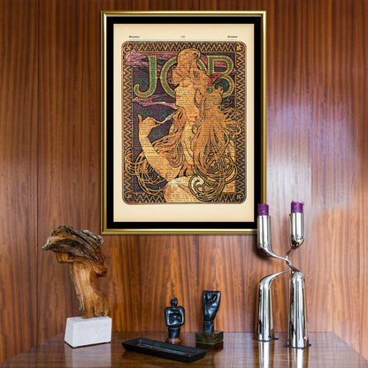 Give your home decor a touch of elegance through our exquisite Job reproduction poster. The artwork is a collage with the advertisements poster design by Alphonse Mucha (Czech graphic designer, 1860-1939). Year of created 1896.