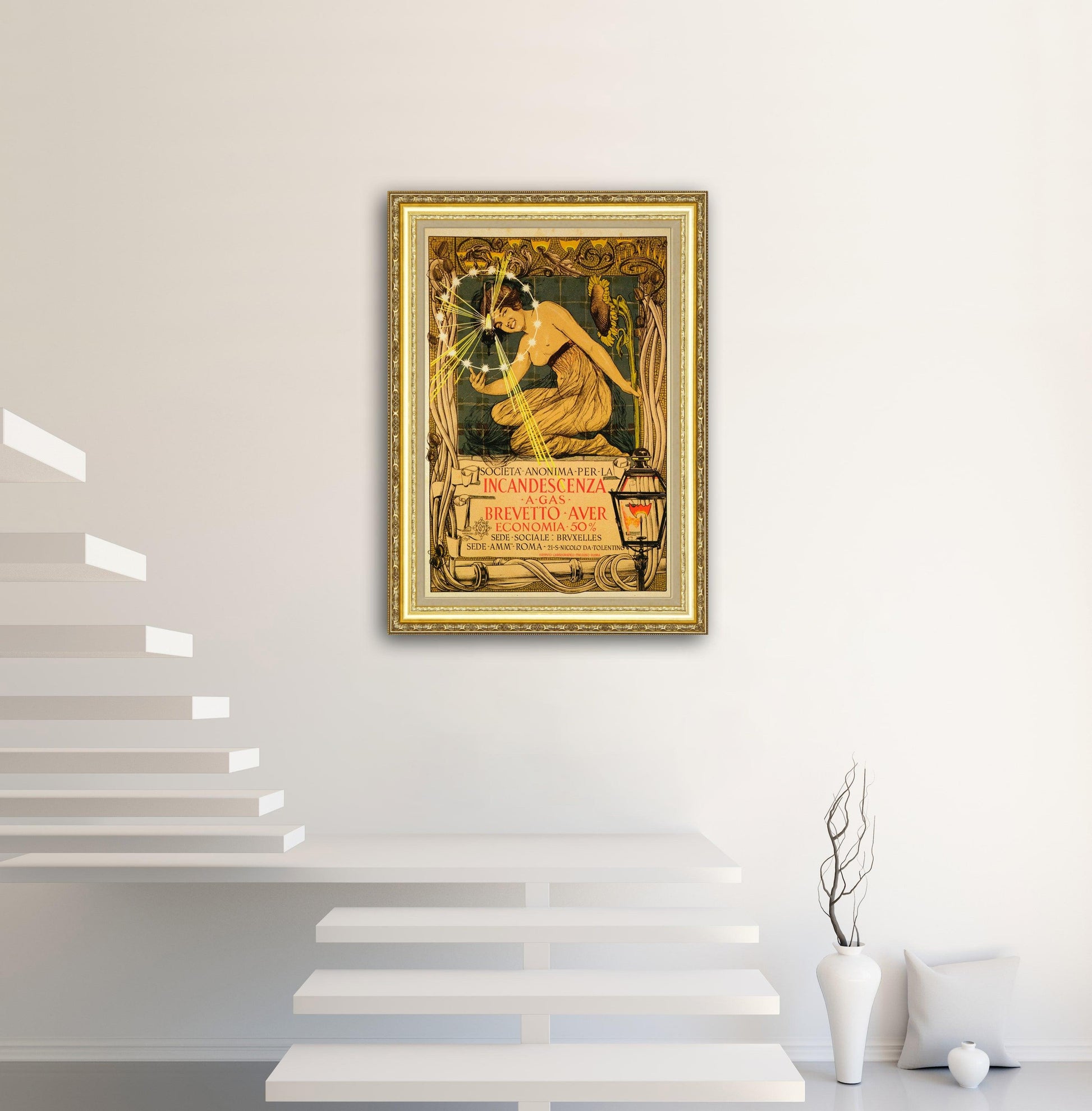 Give your home decor a touch of elegance through our exquisite Society For Gas Illumination reproduction poster. The artwork is a collage with the advertisements poster by Grasset created by Giovanni Maria Mataloni (Italian graphic designer, 1869-1944). The year of creation is 1895.
