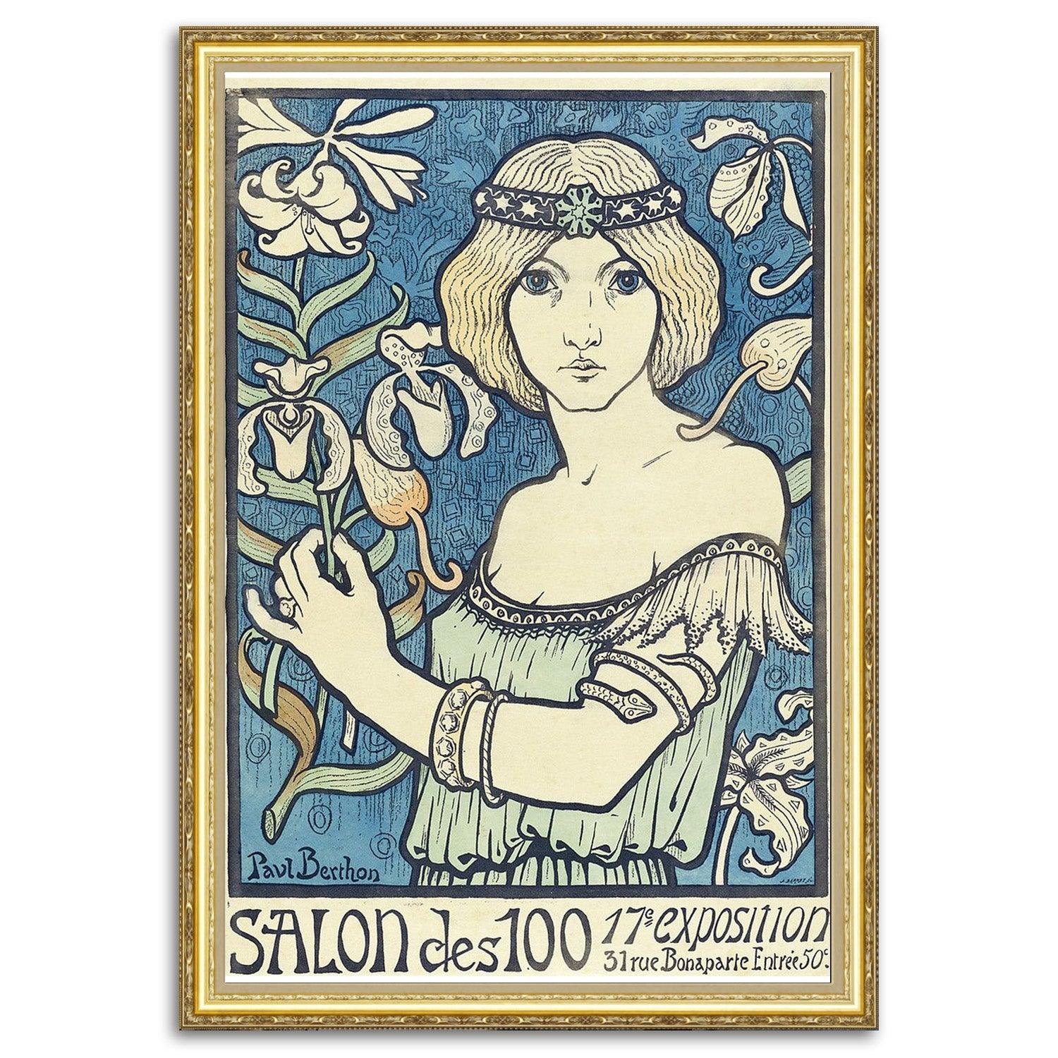 Give your home decor a touch of elegance through our exquisite Salon des Cent 17th Exposition poster reproduction poster. The artwork is a collage with the illustration for the poster for the 17th exhibition of works by Grasset created by Paul Berthon (French graphic designer, ca. 1872-1934).