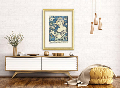 Give your home decor a touch of elegance through our exquisite Salon des Cent 17th Exposition poster reproduction poster. The artwork is a collage with the illustration for the poster for the 17th exhibition of works by Grasset created by Paul Berthon (French graphic designer, ca. 1872-1934).